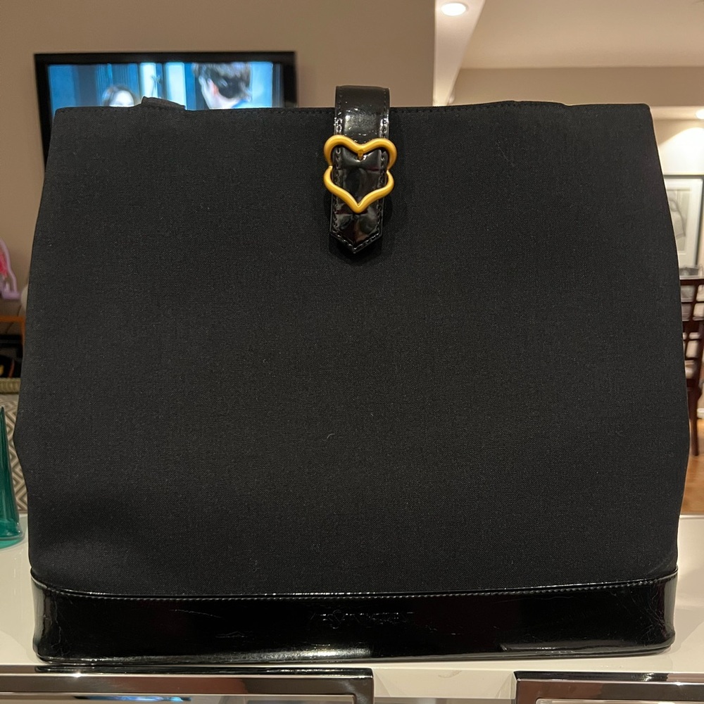 Yves Saint Laurent Black Canvas Patent Leather and Gold Heart Vintage Handbag